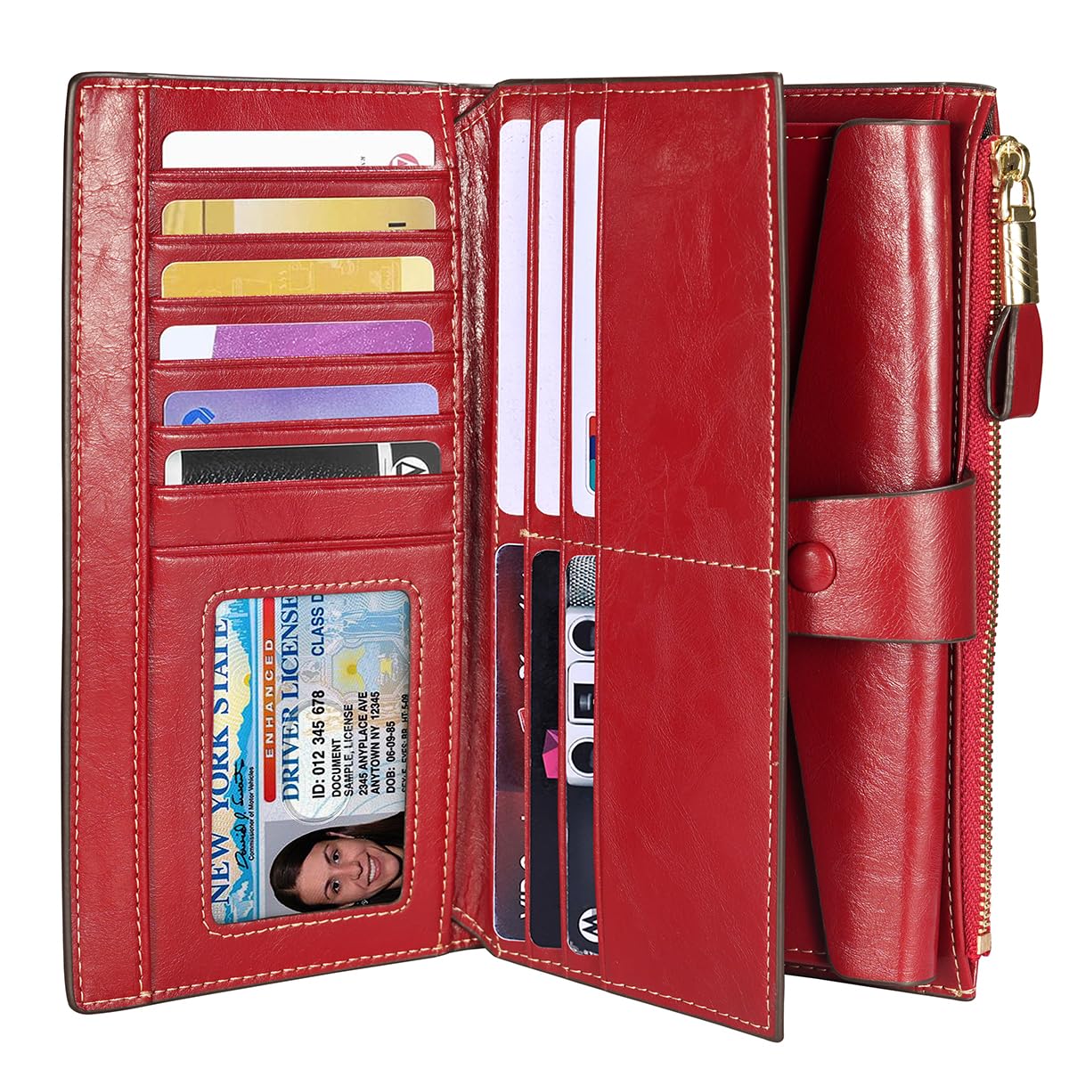 Itslife Womens Wallet RFID Blocking Large Capacity Luxury Wax Genuine Leather Wallets Clutch Wallet Ladies Card holder, Red