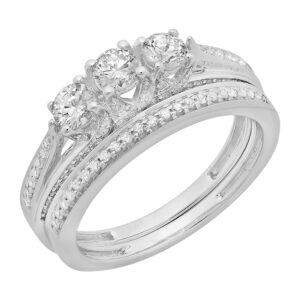 Dazzlingrock Collection 1.00 Carat (Cttw) 14K Round Diamond 3 Stone Engagement Ring Set 1 CT, White Gold, Size 7.5