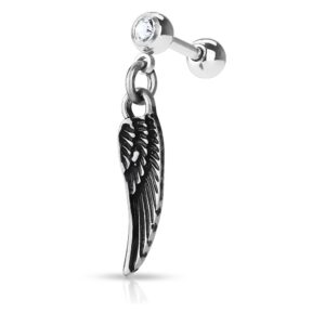 pierced owl 16ga stainless steel jeweled dangling angel wing cartilage tragus barbell (silver tone)