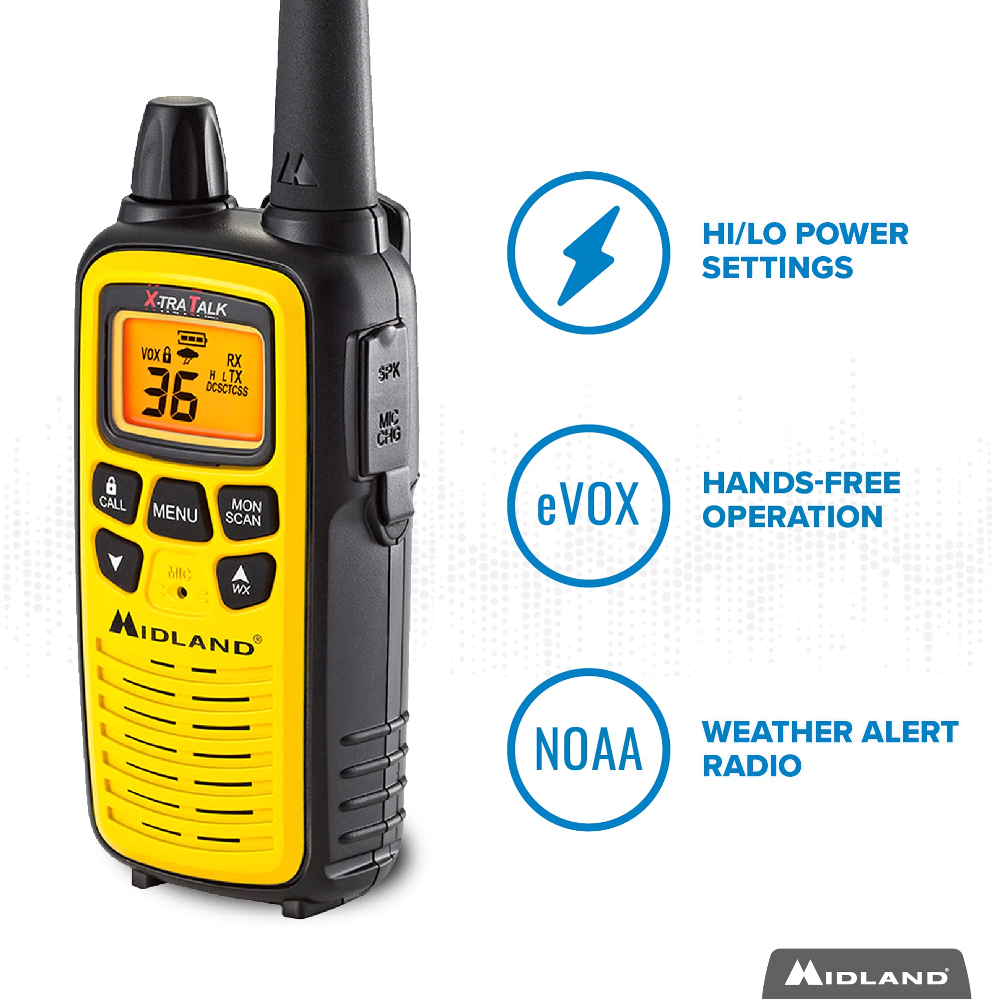 Midland 36 Channel FRS Two-Way Radio - Long Range Walkie Talkie, 121 Privacy Codes, NOAA Weather Scan + Alert (Yellow/Black, 3-Pack)