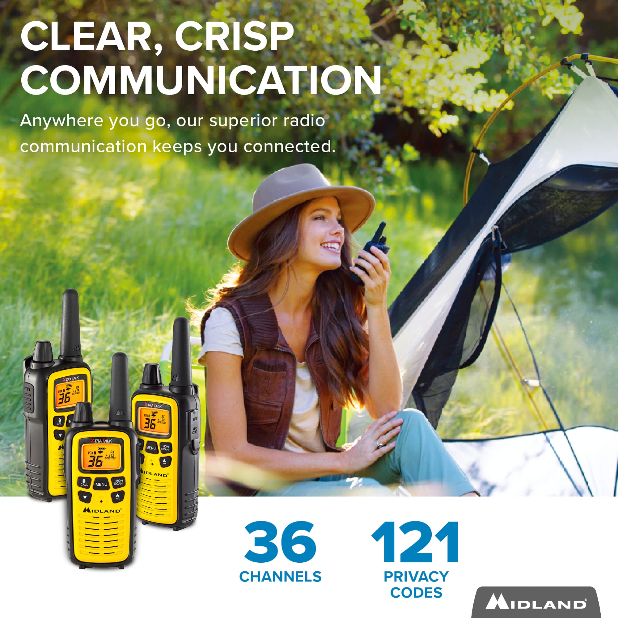 Midland 36 Channel FRS Two-Way Radio - Long Range Walkie Talkie, 121 Privacy Codes, NOAA Weather Scan + Alert (Yellow/Black, 3-Pack)