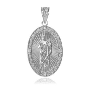 925 Sterling Silver Oval Saint Jude Thaddeus CZ Medal Charm Pendant (Medium)