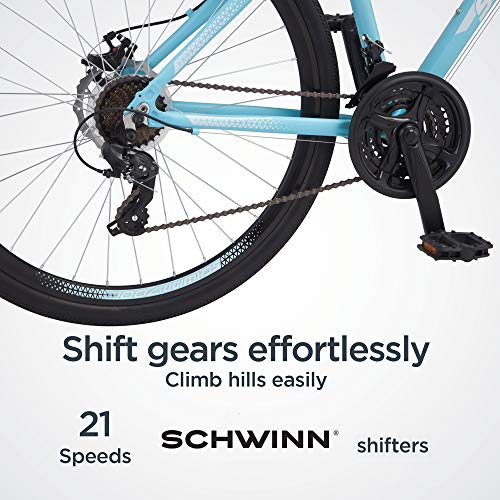 Schwinn GTX 2.0 Comfort Adult Hybrid Bike for Men and Women, Dual Sport Bicycle, 700c Wheels, 17-Inch Step-Through Aluminum Frame, 21-Speed Twist Shifters, Mechanical Disc Brake, Light Blue