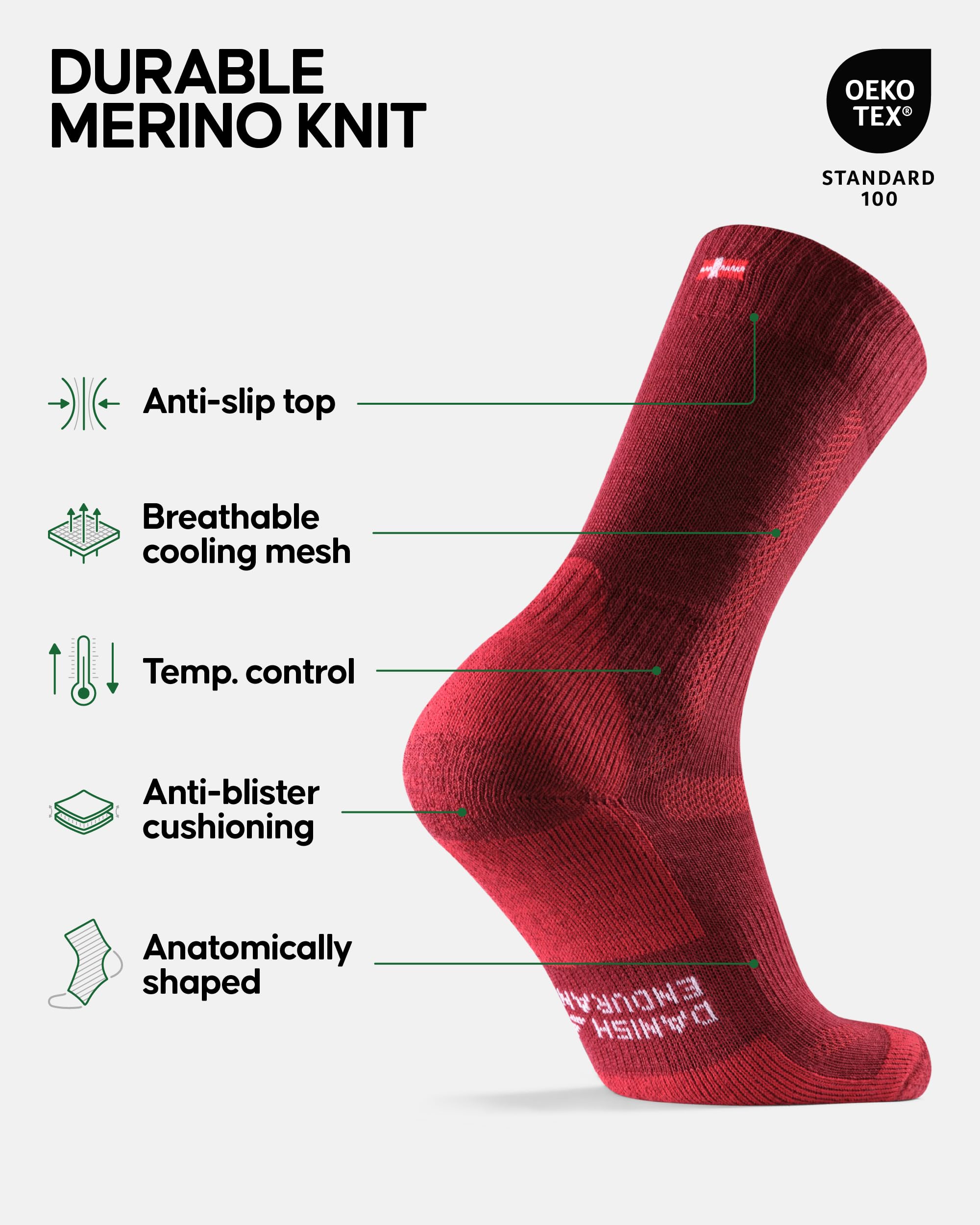 DANISH ENDURANCE Merino Wool Cushioned Hiking Socks 1-Pack for Men & Women, Made in EU, Walking, Trekking, Work, Outdoor (Wine Red, US Women 11-13 // US Men 9.5-12.5)