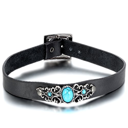 OIDEA Womens Antique Adjustable Buckle Leather Choker Collar Necklace,Imitation Turquoise Charm Collar with Gift Bag