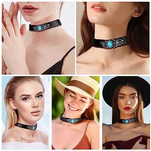 OIDEA Womens Antique Adjustable Buckle Leather Choker Collar Necklace,Imitation Turquoise Charm Collar with Gift Bag