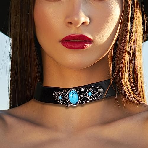 OIDEA Womens Antique Adjustable Buckle Leather Choker Collar Necklace,Imitation Turquoise Charm Collar with Gift Bag