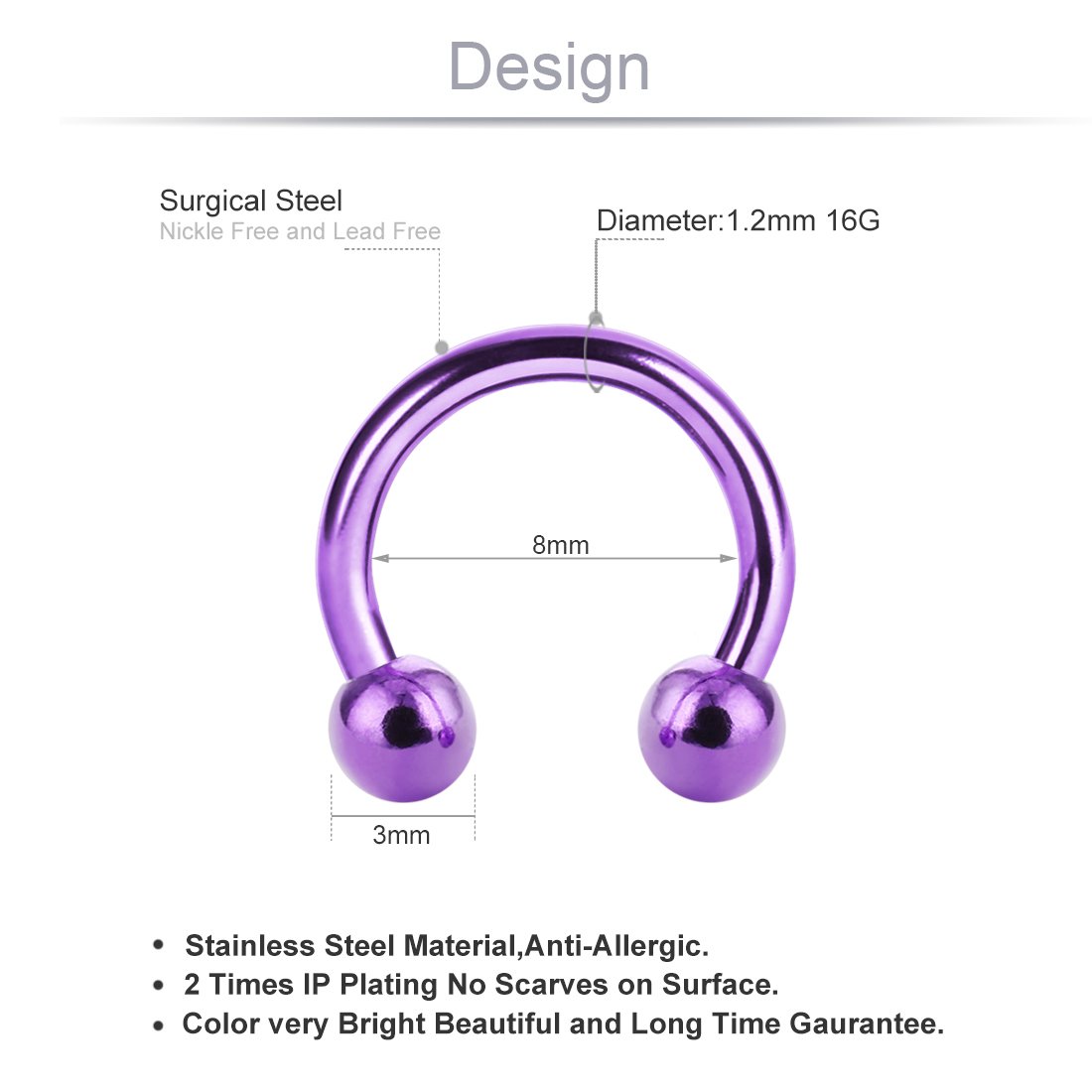 Cottvott 8pcs Unisex Surgical Steel 16G Septum Rings Girls Horseshoe Hoop Nose Piercing Lip Nipple Eyebrow Rings Tragus Cartilage Earrings for Women Men