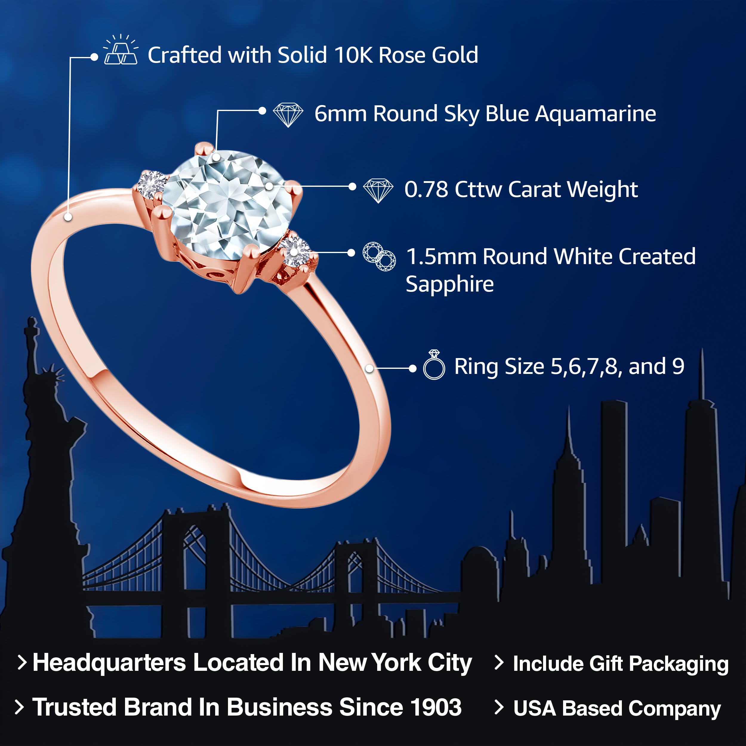 Gem Stone King 10K Rose Gold Sky Blue Aquamarine and White Created Sapphire Solitaire Engagement Ring For Women (0.78 Cttw, Round 6MM, Gemstone March Birthstone, Size 5)