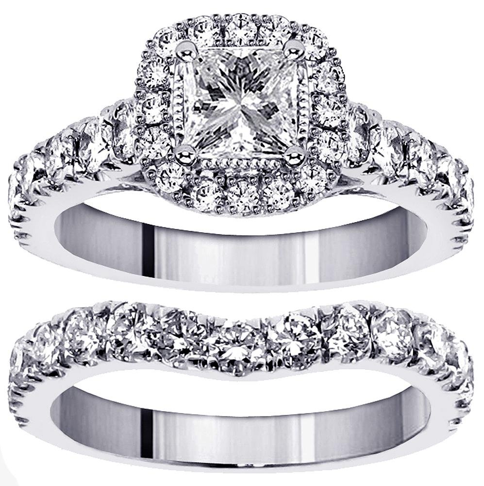 VIP Jewelry Art 3.00 CT TW Halo Princess Cut Diamond Encrusted Engagement Bridal Set in 14k White Gold - Size 7.5