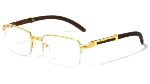 executive half rim rectangular metal & wood eyeglasses/clear lens sunglasses - frames (gold & dark brown wood, clear)