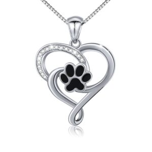 ladytree s925 sterling silver puppy dog cat pet paw print love heart pendant necklace 18"