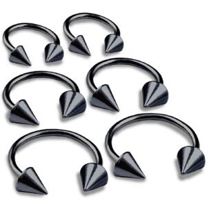 bodyjewellery 6pcs 16g Horseshoe Circular Barbell Eyebrow Tragus Navel Lip Cartilage Ear Ring Spike Helix Belly Black Spike 5/16 3/8 1/2