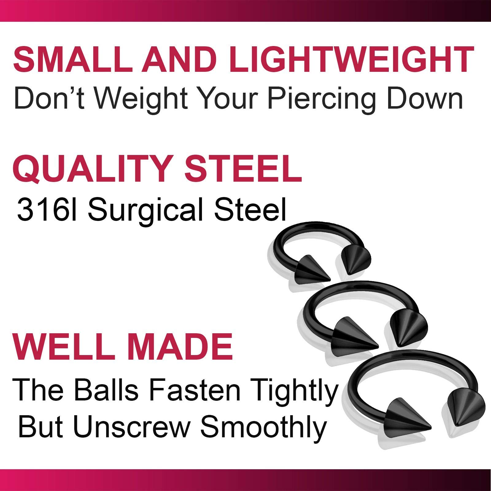 bodyjewellery 6pcs 16g Horseshoe Circular Barbell Eyebrow Tragus Navel Lip Cartilage Ear Ring Spike Helix Belly Black Spike 5/16 3/8 1/2