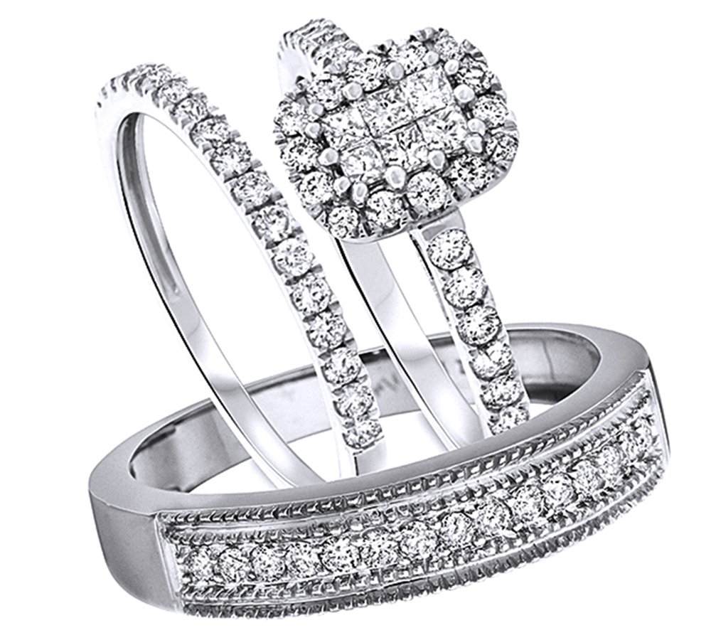 Jewel Zone US White Natural Diamond Engagement & Wedding Trio Band Ring Set in 10k Solid Gold (1.2 Cttw)