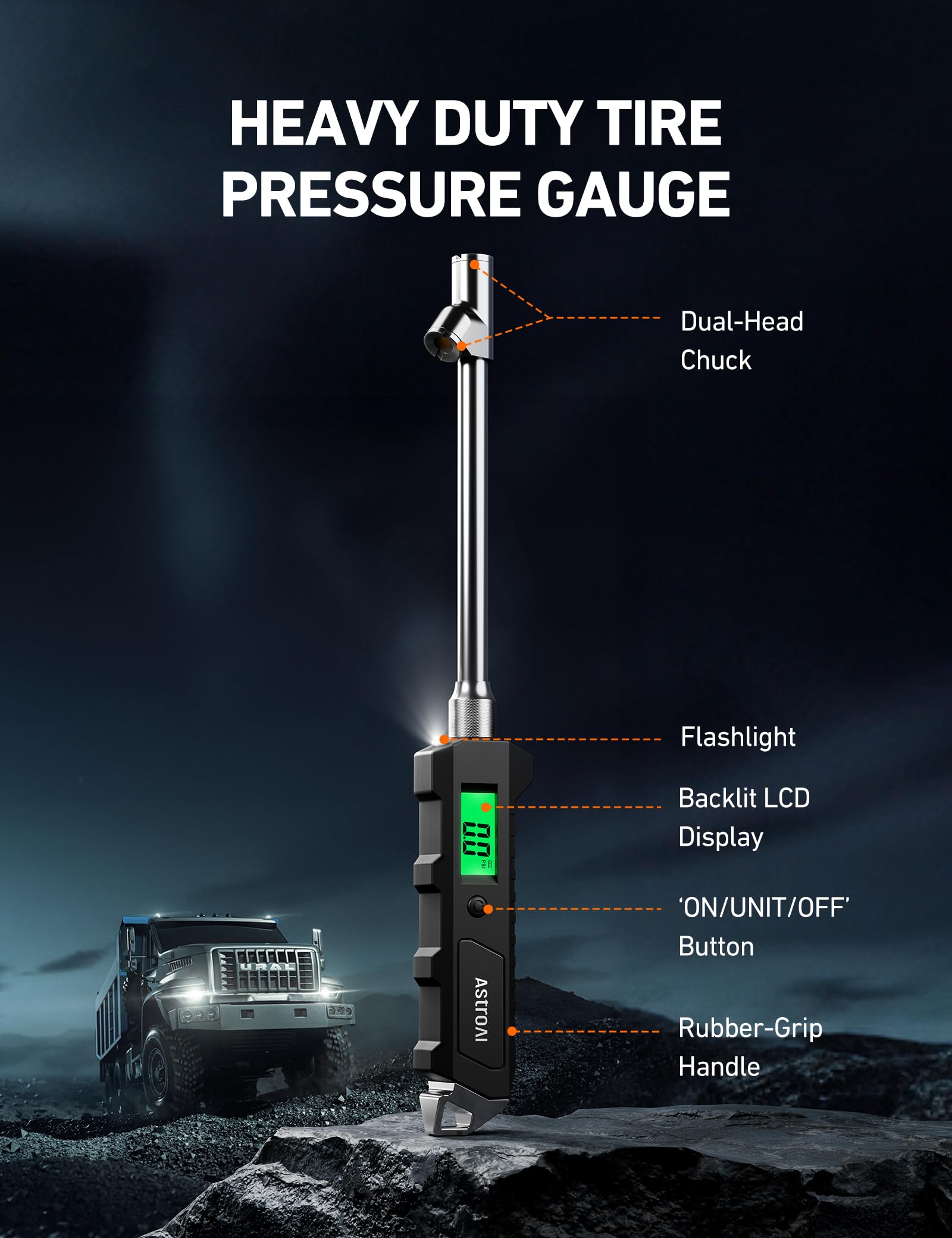 AstroAI Digital Tire Pressure Gauge 230 PSI Heavy Duty Dual Head Stainless Steel Made for Truck and RV with Backlit LCD and Flashlight Car Accessories