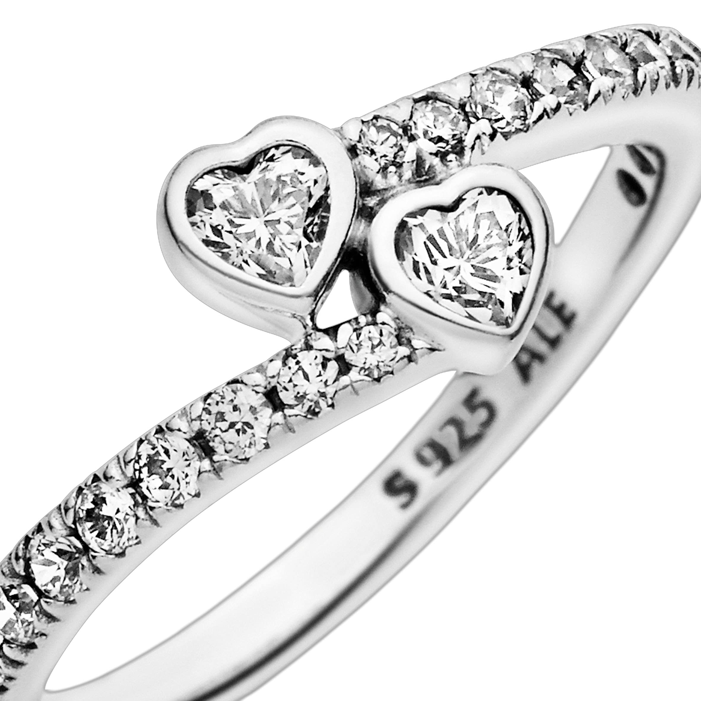 Pandora Jewelry Two Sparkling Hearts Cubic Zirconia Ring in Sterling Silver, Size 4.5, No Box