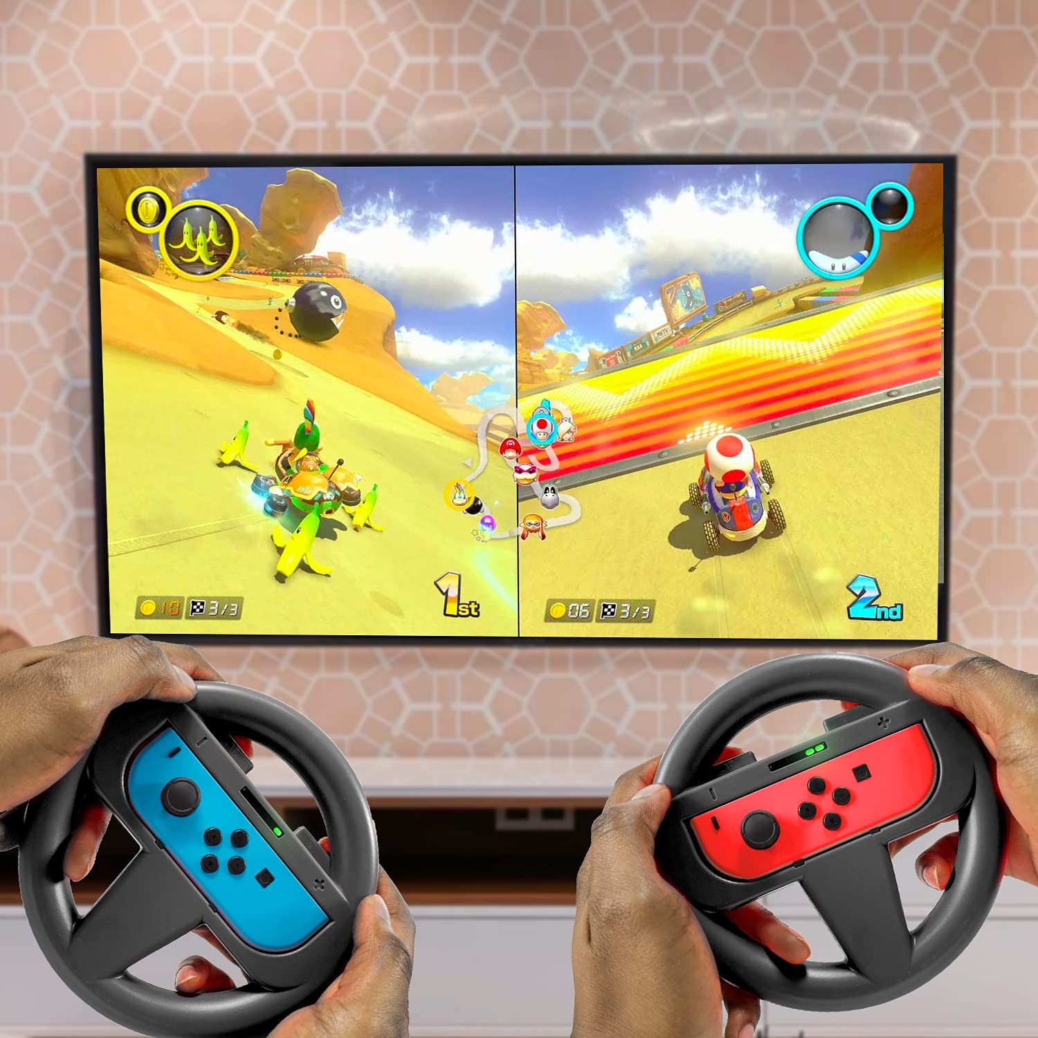 Orzly Steering Wheels for Nintendo Switch & OLED Console JoyCons, Racing Wheels for Mario Kart 8 Deluxe [Mariokart Switch Steering Wheel Joycon Controller Attachment Accessories]-Twin Pack [2X Black]