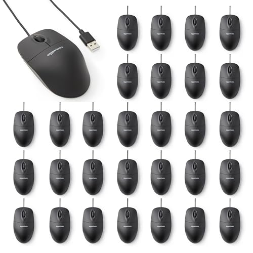 Amazon Basics 3-Button Wired USB Computer Mouse, Black - Pack of 30