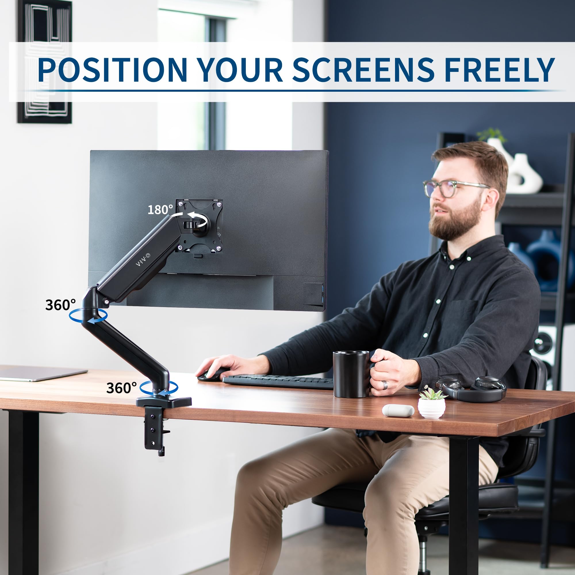 VIVO Single Monitor Height Adjustable Counterbalance Pneumatic Arm Desk Mount Stand, Classic, Universal VESA Fits Screens up to 32 inches, STAND-V001O