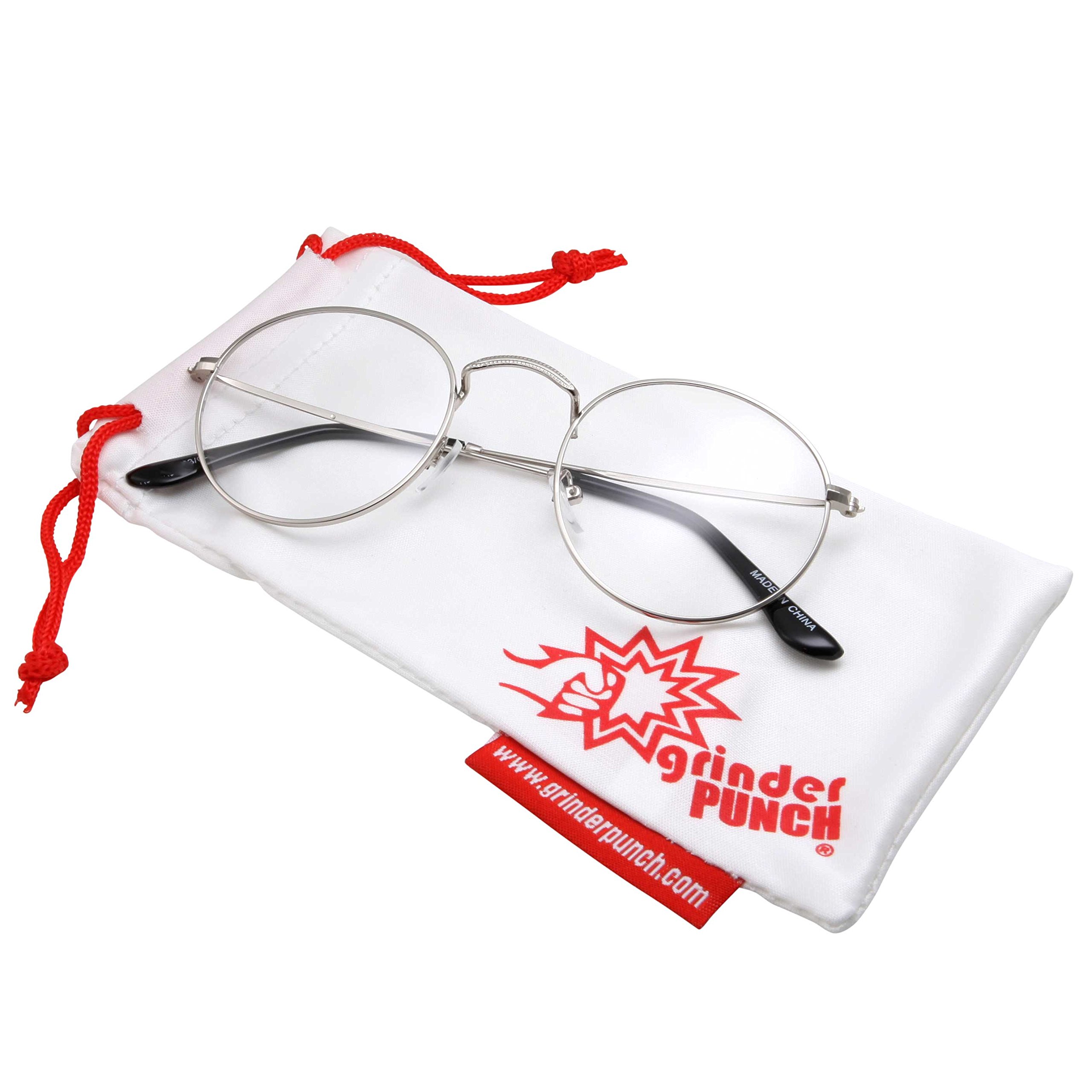 grinderPUNCH Retro Round Clear Lens Glasses Metal Frame - Silver