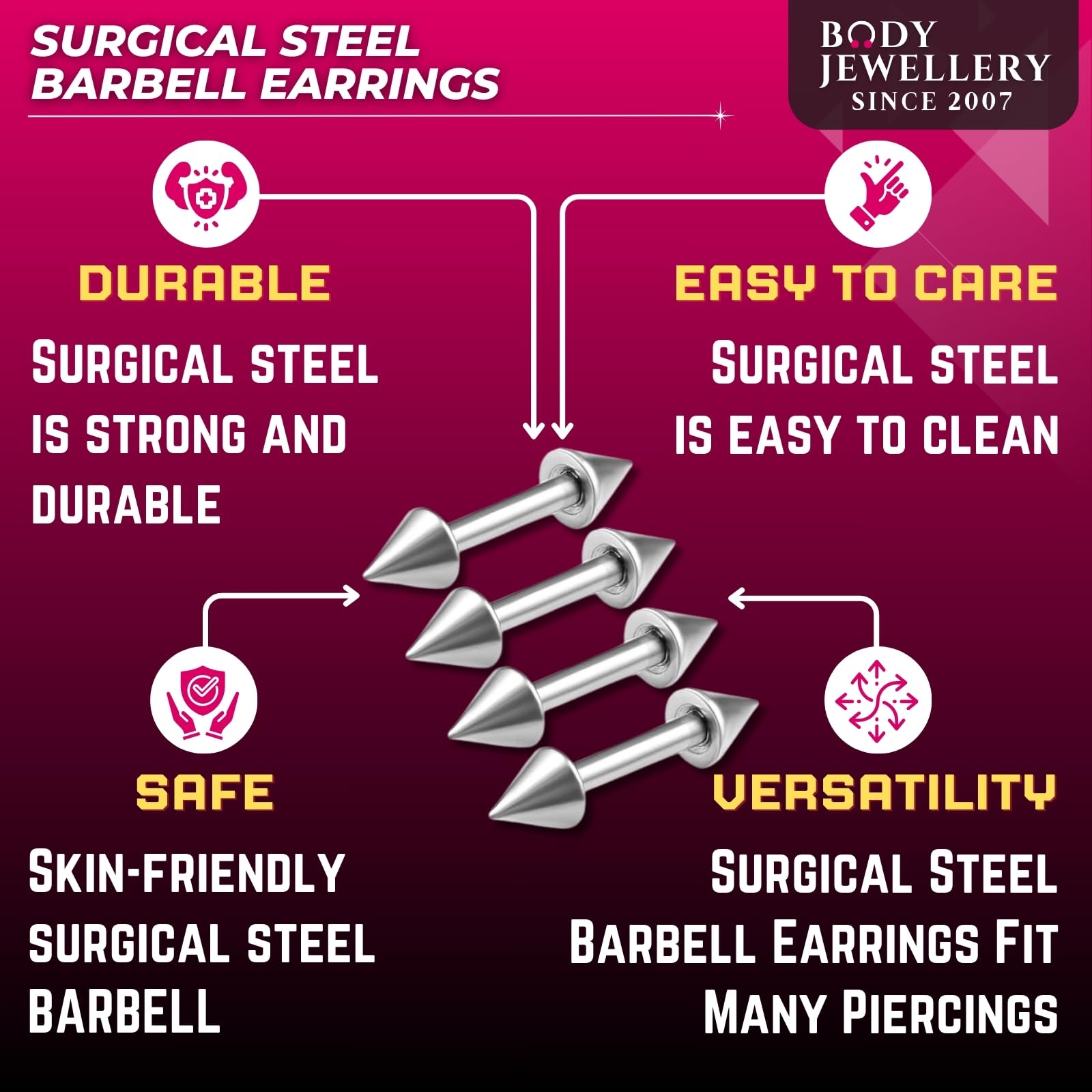 bodyjewellery 4pcs 16g Barbell Cartilage Earring Stud Vertical Anti Tragus Triple Forward Helix Bar Surgical Steel 3mm Spike - 6mm