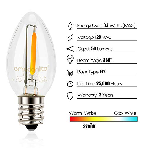 Emotionlite Night Light Bulbs, C7 Candelabra LED Light Bulbs, E12 Chandelier Base, 4W 5W 6W 7W Incandescent Equivalent, Warm White, 2700K, Clear, 4 Pack