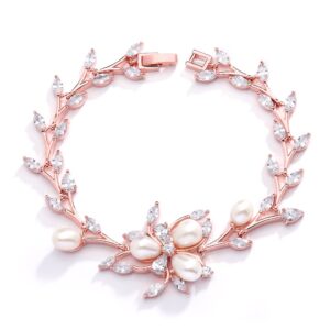 Mariell Luxury Blush Rose Gold Cubic Zirconia Crystal & Genuine Freshwater Pearl Wedding Bridal Bracelet