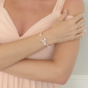 Mariell Luxury Blush Rose Gold Cubic Zirconia Crystal & Genuine Freshwater Pearl Wedding Bridal Bracelet