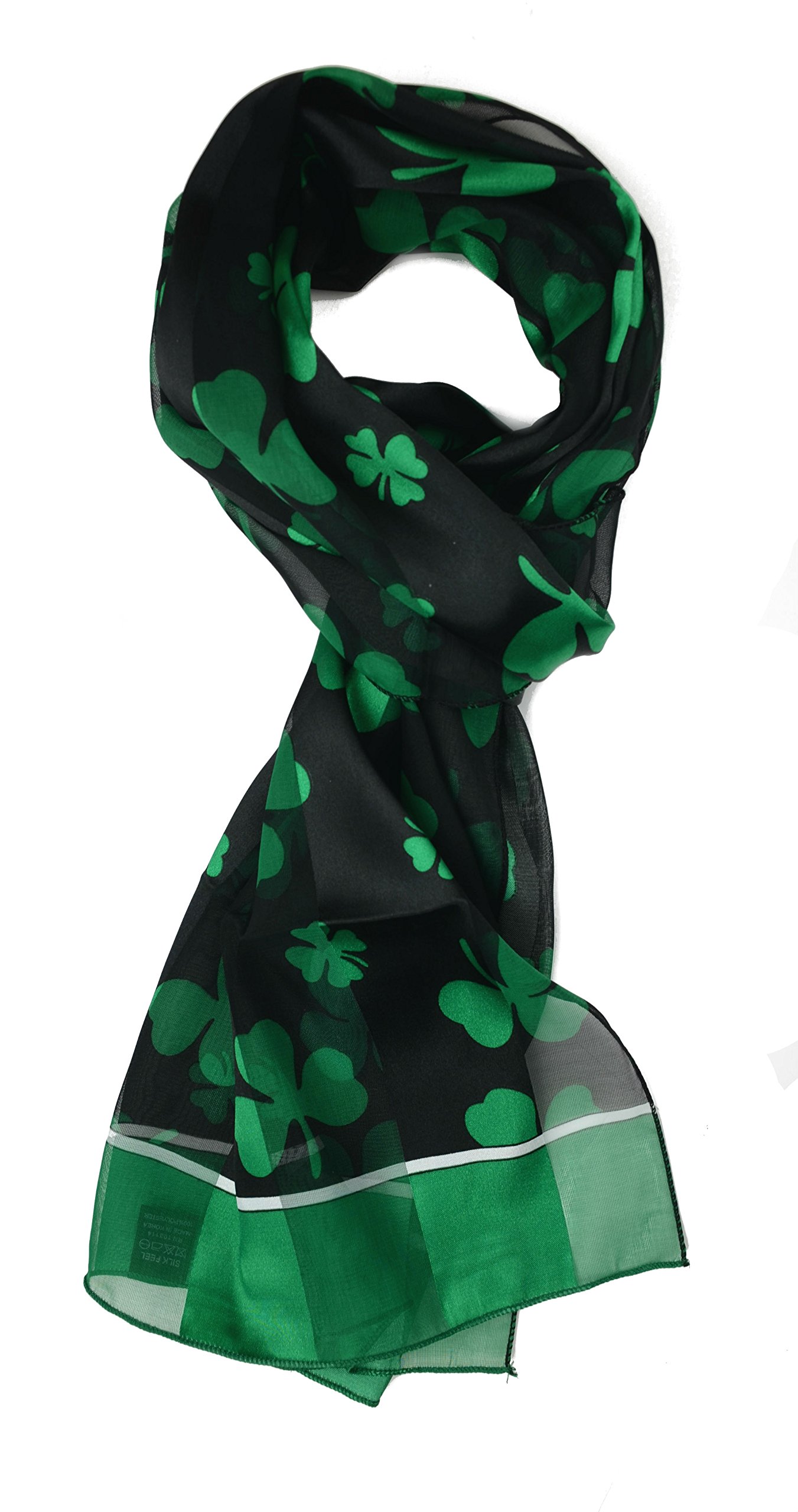 Plum Feathers Holiday Prints, Valentine's, St. Patricks Patterns Satin Scarf (Black with Green Shamrocks and Border)