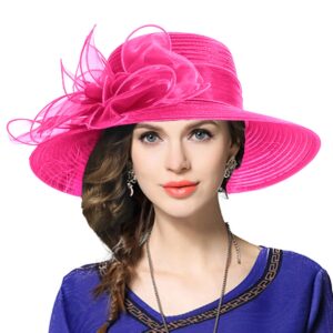 women derby church dress hat wide brim leaf flower bridal shower hat (rose)