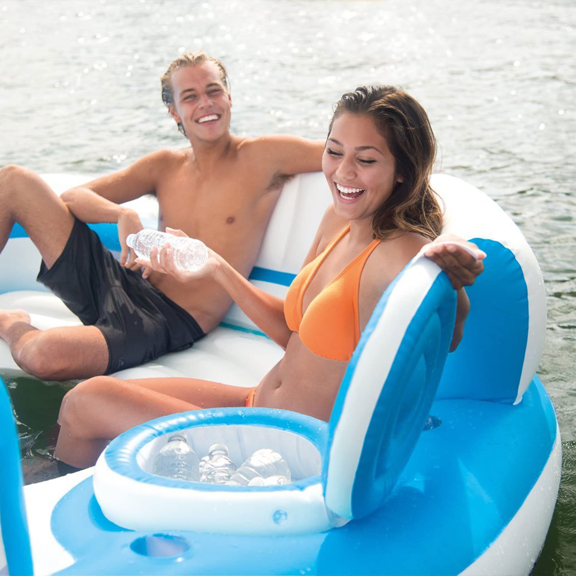 Intex 56299EP 145 x 125 x 20 Inch Splash N Chill Inflatable Lake and Pool Relaxation Island Lounger Seat for up to 7 Adults, Blue and White