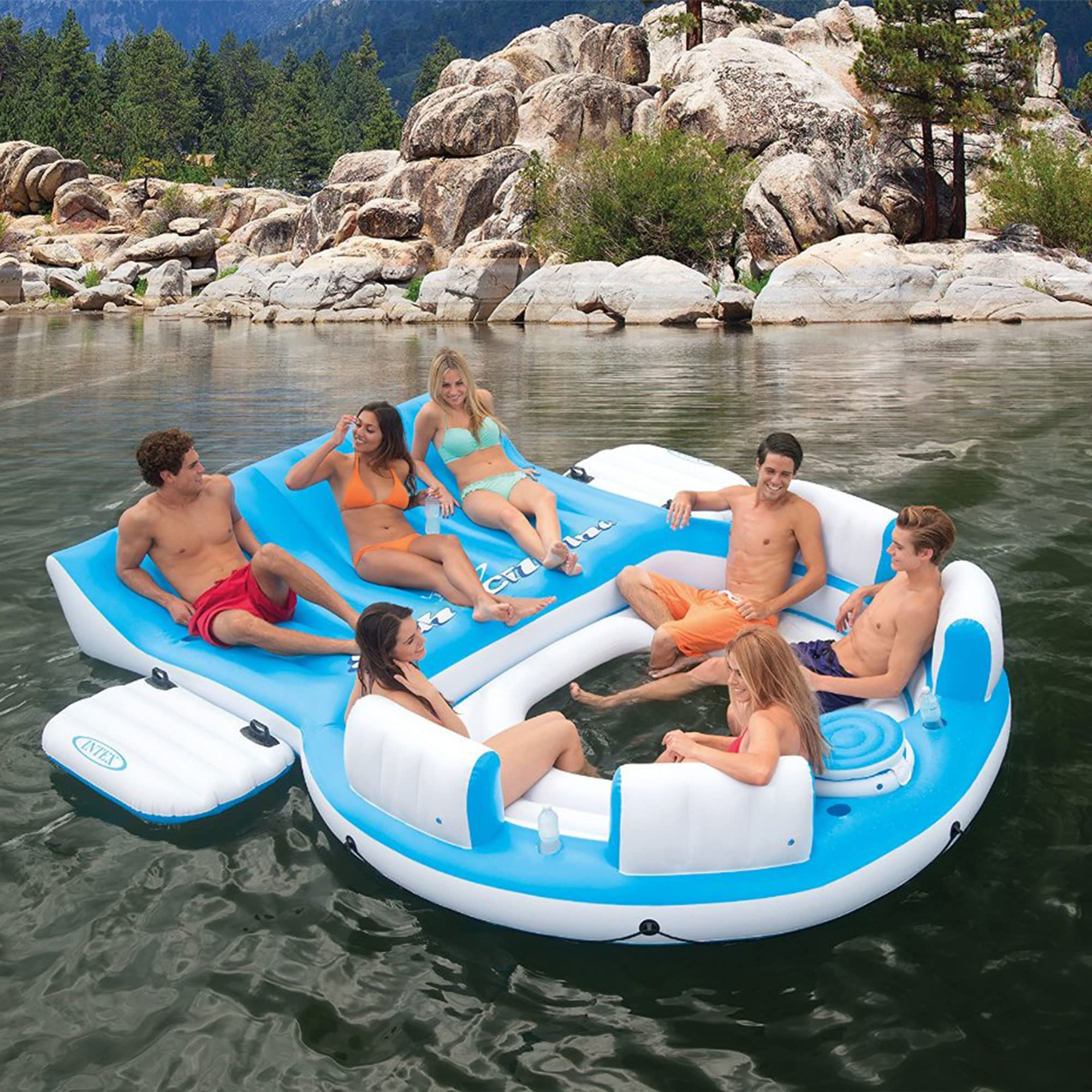 Intex 56299EP 145 x 125 x 20 Inch Splash N Chill Inflatable Lake and Pool Relaxation Island Lounger Seat for up to 7 Adults, Blue and White