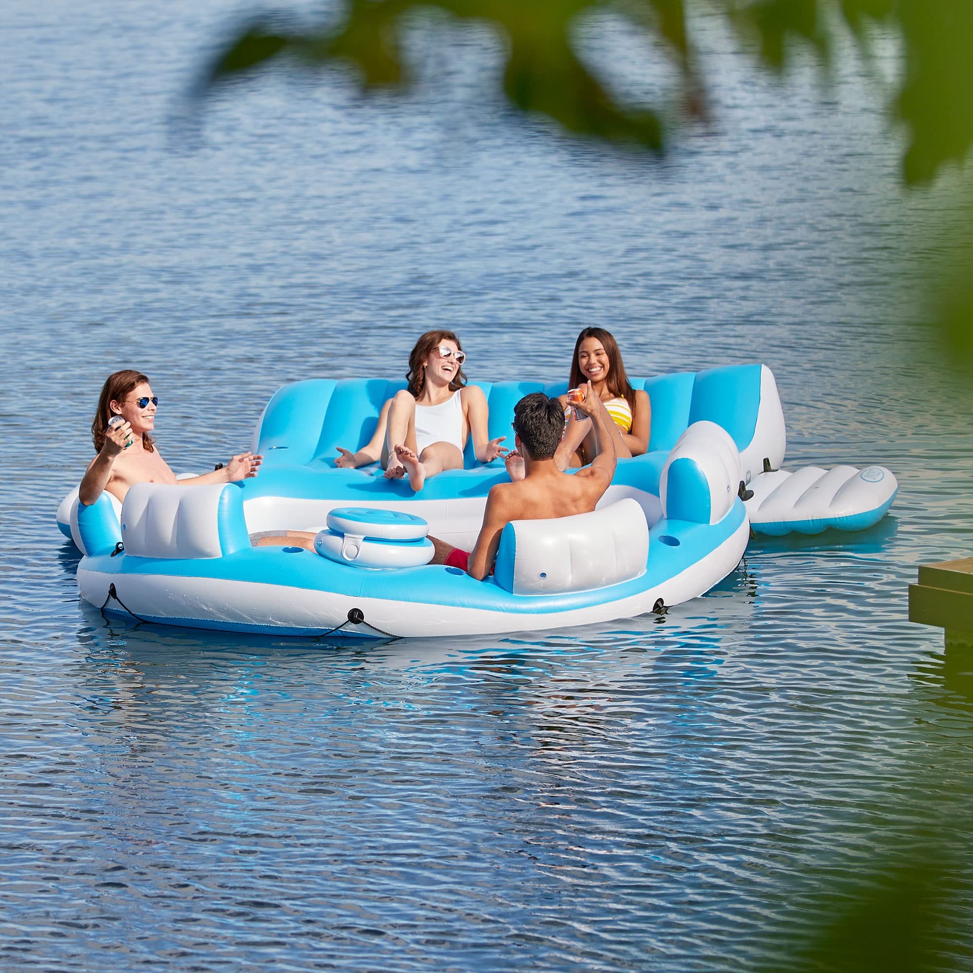 Intex 56299EP 145 x 125 x 20 Inch Splash N Chill Inflatable Lake and Pool Relaxation Island Lounger Seat for up to 7 Adults, Blue and White