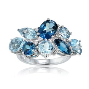 Ice Gems Sterling Silver Genuine London Blue, Blue Topaz, and White Topaz Cluster Tonal Ring