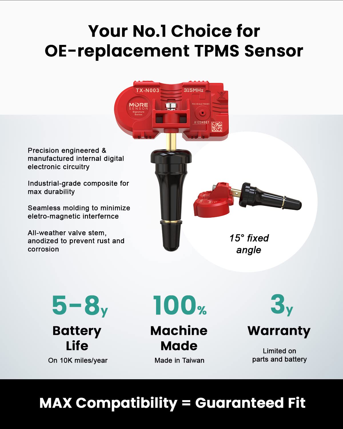 MORESENSOR Signature Series 315MHz TPMS Tire Pressure Sensor 4-Pack | Preprogrammed for Select 120+ American Brand Models | Replacement for 6F2Z-1A189-A 7L1Z-1A189-A | Snap-in | NX-S042-SN-4