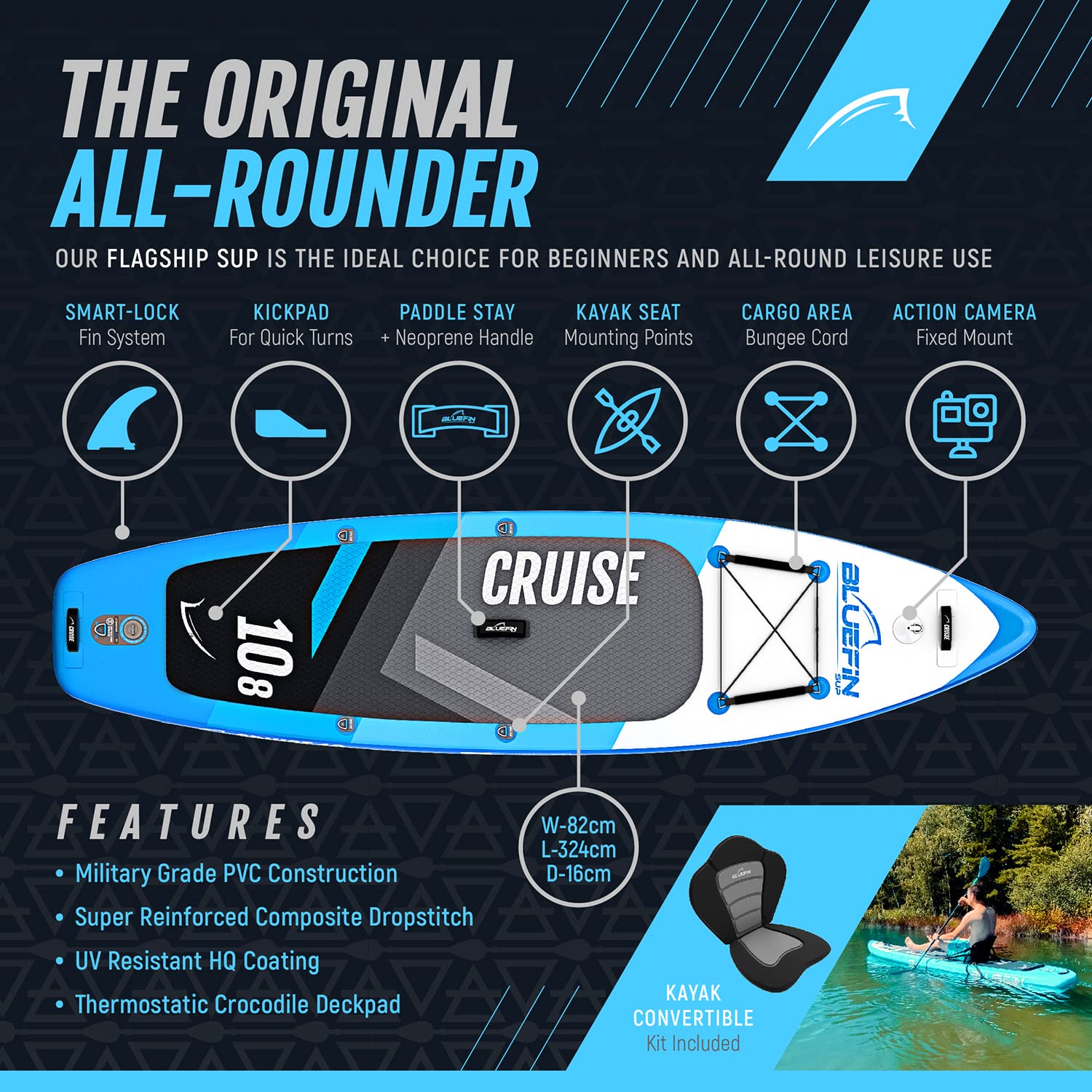 Bluefin® Sup Cruise Inflatable Paddle Boards for Adults & Kids | Including Paddleboard Accessories | 5 Year Warranty | Inflatable Stand Up Paddle Board with Kayak Conversion | Sizes 10'8, 12, 15