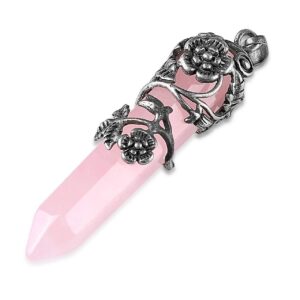 Top Plaza Antique Silver Flower Wrapped Natural Rose Quartz Healing Crystal Necklace Mothers Day Mom Gifts