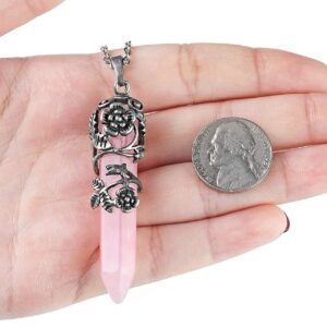 Top Plaza Antique Silver Flower Wrapped Natural Rose Quartz Healing Crystal Necklace Mothers Day Mom Gifts