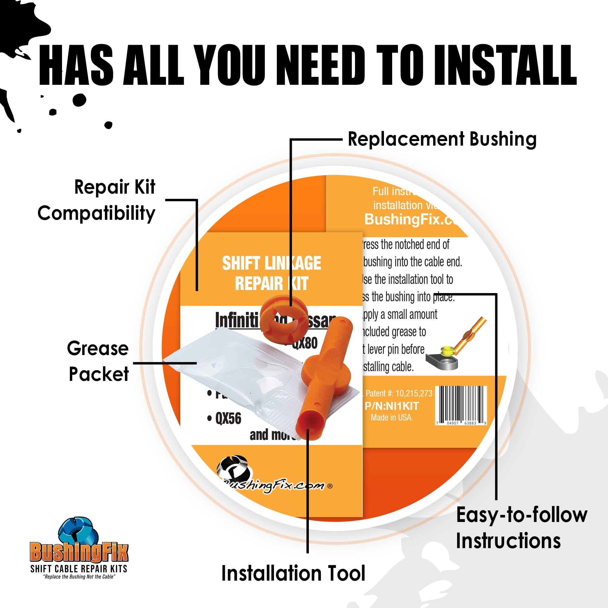 BushingFix NI1KIT - Transmission Shift Cable Bushing Repair Kit - Automatic Transmission Linkage Repair Kit, Transmission Repair Kit, Shifter Cable Bushing Fix, Shift Linkage Bushing Replacement