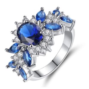 Narica Silver Plated Charming Oval Cut Created Blue Sapphire CZ Cubic Zirconia Filled Eternity Halo Cocktail Wedding Engagement Promise Leaves Floral Band Elegant Women's Flower Ring for Mom Bridal Lover Gift 9#