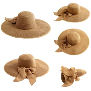 Lanzom Womens 5.5 Inches Big Bowknot Straw Hat Large Floppy Foldable Roll up Beach Cap Sun Hat UPF 50+One size(Khaki)