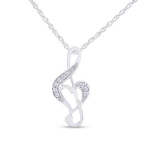 Jewel Zone US White Natural Diamond Music Note Heart Pendant Necklace in 14k White Gold Over Sterling Silver (0.1 Ct)