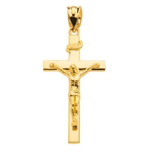 14K Yellow Gold Linear Cross 1.15" INRI Crucifix Charm Pendant Religious Jewelry