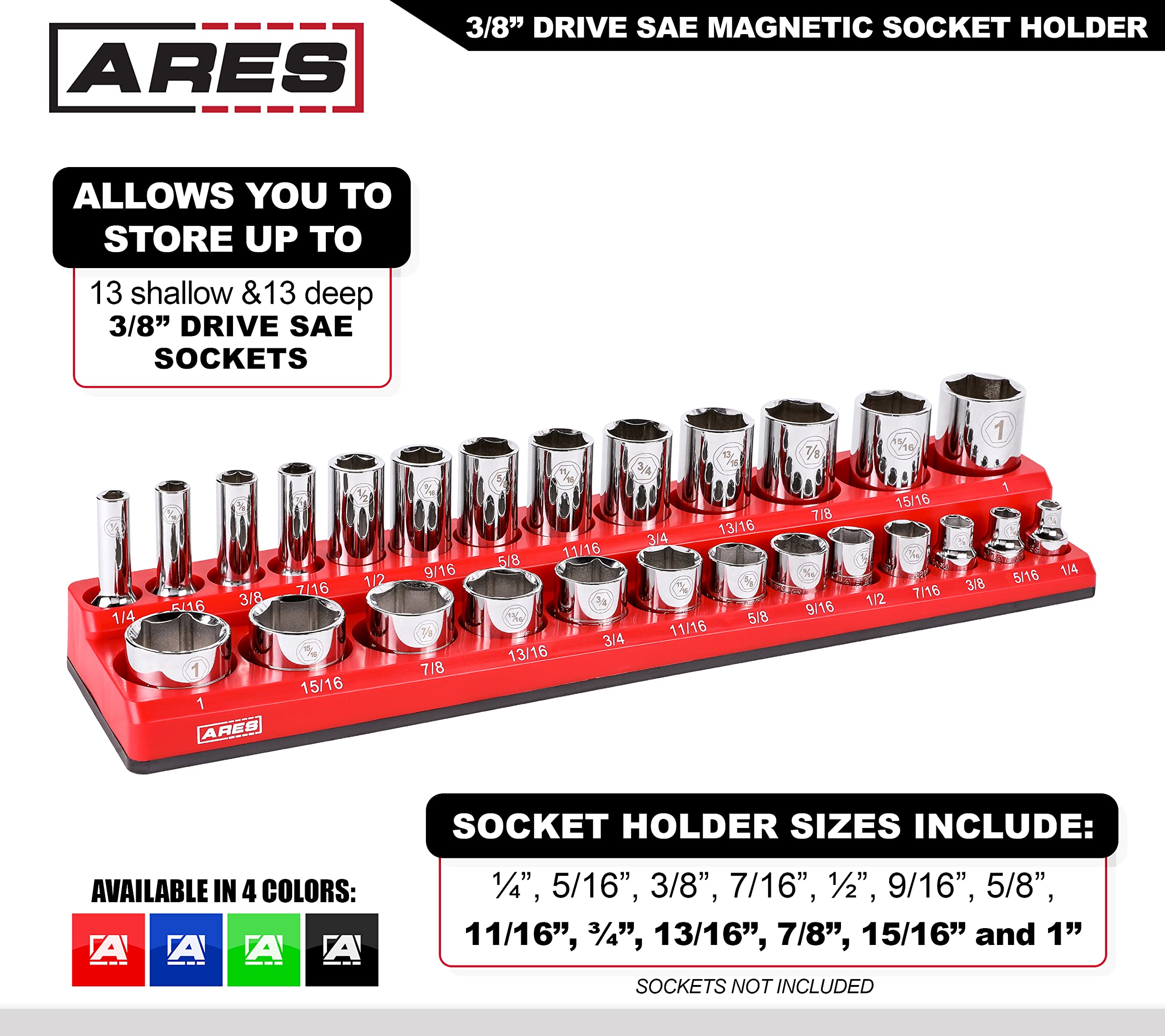 ARES 70234-26-Piece 3/8-Inch SAE Magnetic Socket Organizer - Holds 13 Standard Size and 13 Deep Size Sockets - Keep Your Tool Box Organized