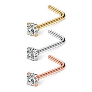 ruifan 18g surgical steel 2.5mm clear diamond cz nose studs rings l shaped piercing jewelry 3pcs (silver + gold + rose gold)