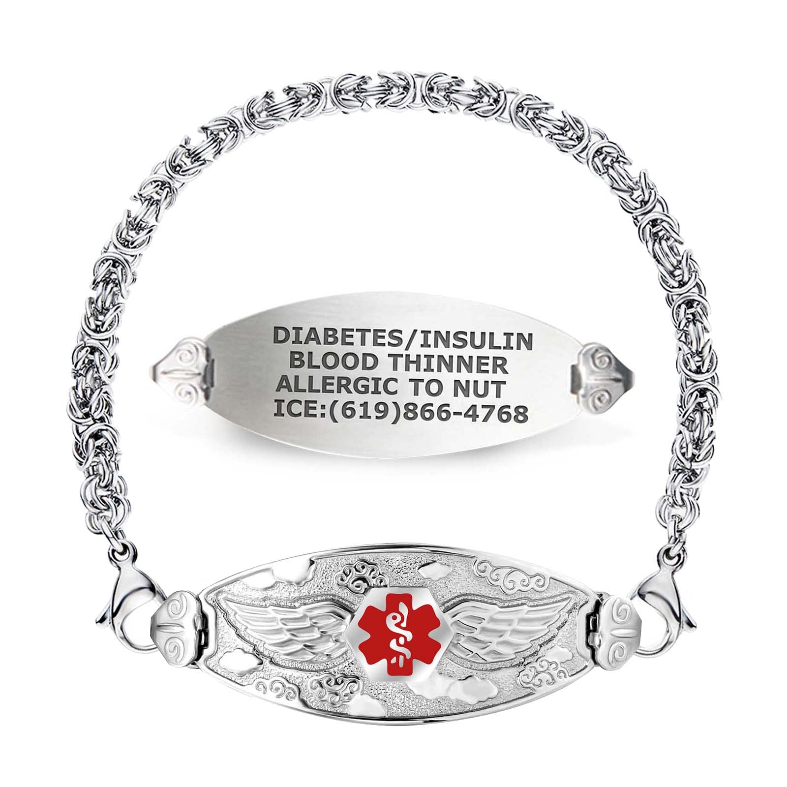 Divoti Custom Engraved Medical Alert Bracelets for Women, Stainless Steel Medical Bracelet, Medical ID Bracelet w/Free Engraving – Angel Wing Tag w/Handmade Byzantine-Red-8.0"