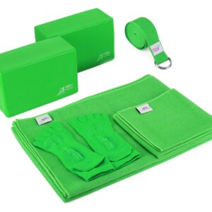 Go Go Active Yoga Accessories Set - Includes 2 Yoga Blocks, 1 Microfiber Non Slip Mat Towel 72X24, 1 Microfiber Hand Towel 24X15, 1 Yoga Strap, 1 Pair of Yoga Socks (Green)