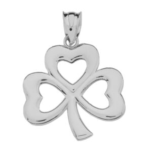 Dainty 10k White Gold Three-Leaf Heart Clover Irish Shamrock Necklace Pendant