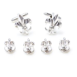 MRCUFF Fleur De Lis Pair Tuxedo Cufflinks and Studs Set in a Presentation Gift Box & Polishing Cloth … (Fleur studs)